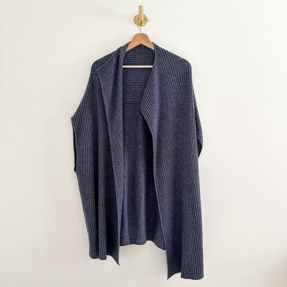 ST. JOHN Cashmere Ribbed Knit Open Front Cardigan Sweater Gray/Blue